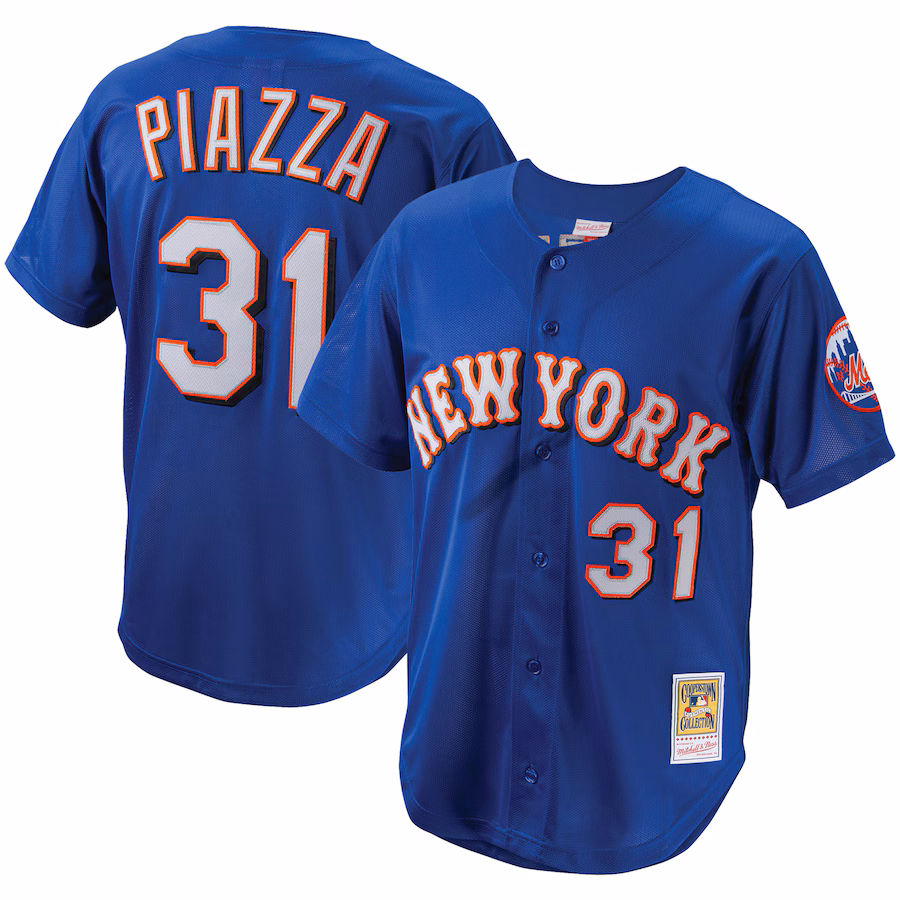 Men's New York Mets Mike Piazza Mitchell & Ness Royal Cooperstown Collection Mesh Batting Practice Button-Up Jersey - Puhuasuan