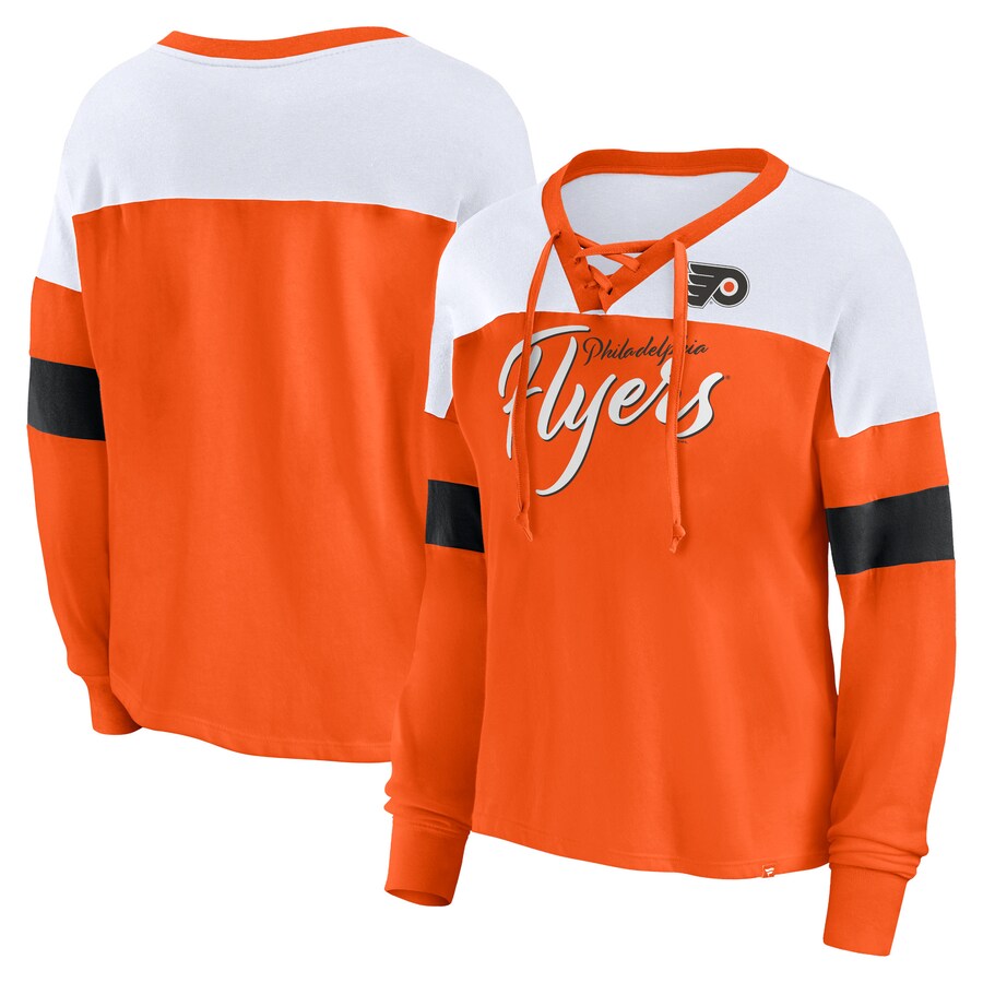 Women's Philadelphia Flyers Fanatics Orange Take the Shot Long Sleeve Lace-Up V-Neck T-Shirt - Puhuasuan