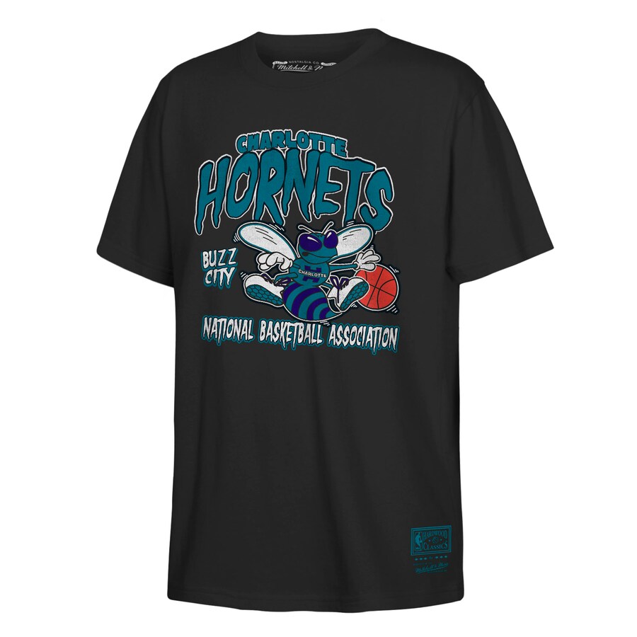 Youth Charlotte Hornets Mitchell & Ness Black Retro Mascot Script T-Shirt - Puhuasuan