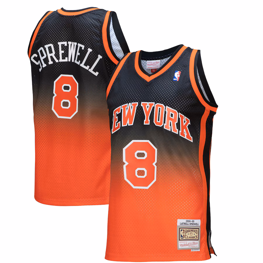 Men's New York Knicks Latrell Sprewell Mitchell & Ness Orange/Black 1998/99 Hardwood Classics Fadeaway Swingman Player Jersey - Puhuasuan
