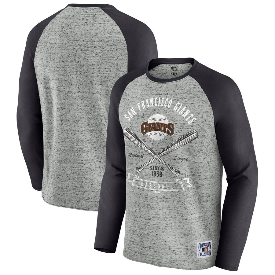 Men's San Francisco Giants Darius Rucker Collection by Fanatics Heather Gray Raw Edge Raglan Long Sleeve Baseball T-Shirt - Puhuasuan