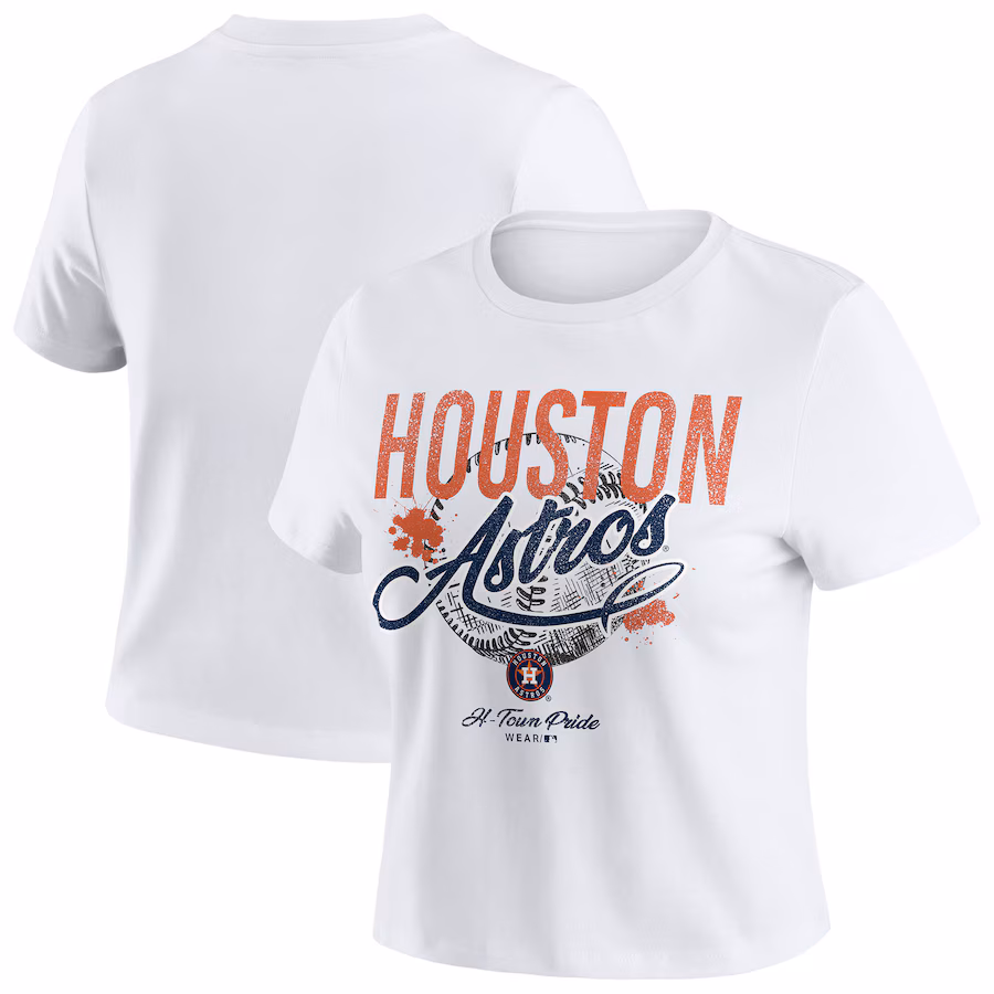 Women's Houston Astros WEAR by Erin Andrews White Distressed Cropped Baby T-Shirt - Puhuasuan
