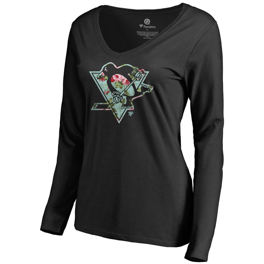 Women's Pittsburgh Penguins Black Lovely Long Sleeve V-Neck T-Shirt - Puhuasuan