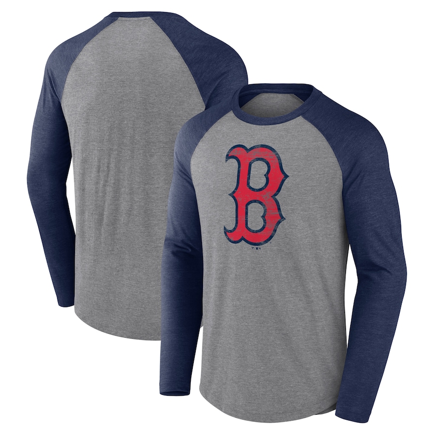 Men's Boston Red Sox Fanatics Heather Gray/Heather Navy Weathered Logo Tri-Blend Raglan Long Sleeve T-Shirt - Puhuasuan