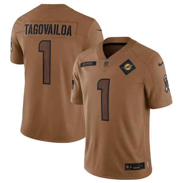 Men's Miami Dolphins #1 Tua Tagovailoa 2023 Brown Salute To Service Limited Football Stitched Jersey - Puhuasuan
