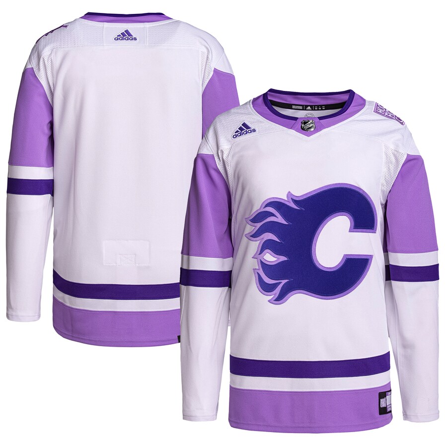 Men's Calgary Flames adidas White/Purple Hockey Fights Cancer Primegreen Authentic Blank Practice Jersey - Puhuasuan