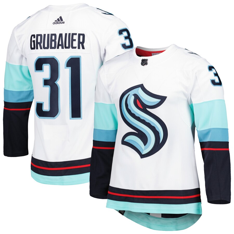 Men's Seattle Kraken Philipp Grubauer adidas White Away Primegreen Authentic Pro Player Jersey - Puhuasuan