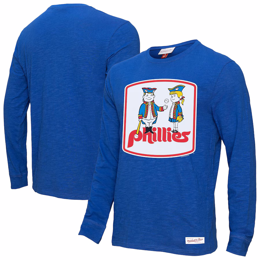 Men's Philadelphia Phillies Mitchell & Ness Royal Vintage Logo Slub Long Sleeve T-Shirt - Puhuasuan