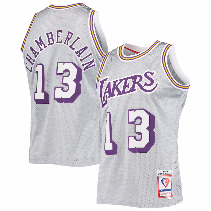 Men's Los Angeles Lakers Wilt Chamberlain Silver Mitchell & Ness 75th Anniversary 1971/72 Hardwood Classics Swingman Jersey - Puhuasuan