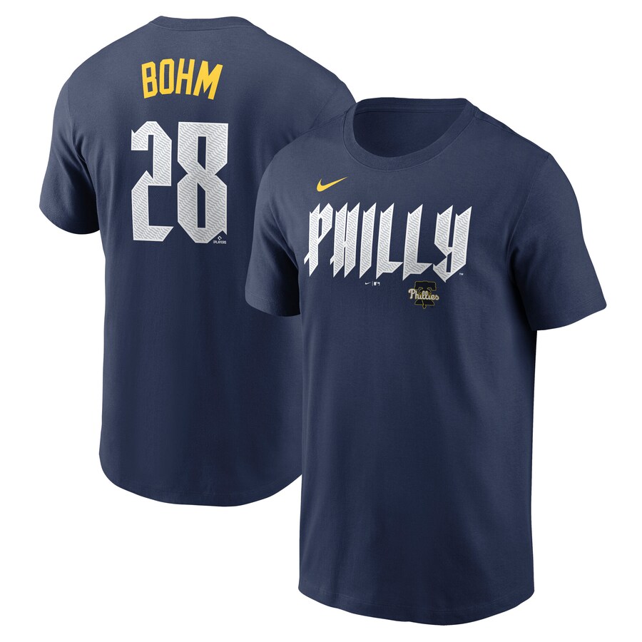Men's Philadelphia Phillies Alec Bohm Nike Navy 2024 City Connect Fuse Name & Number T-Shirt - Puhuasuan