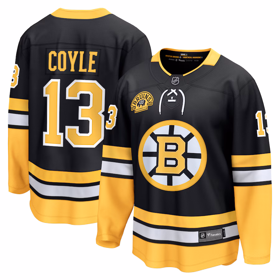 Men's Boston Bruins Charlie Coyle Fanatics Black 100th Anniversary Premier Breakaway Player Jersey - Puhuasuan