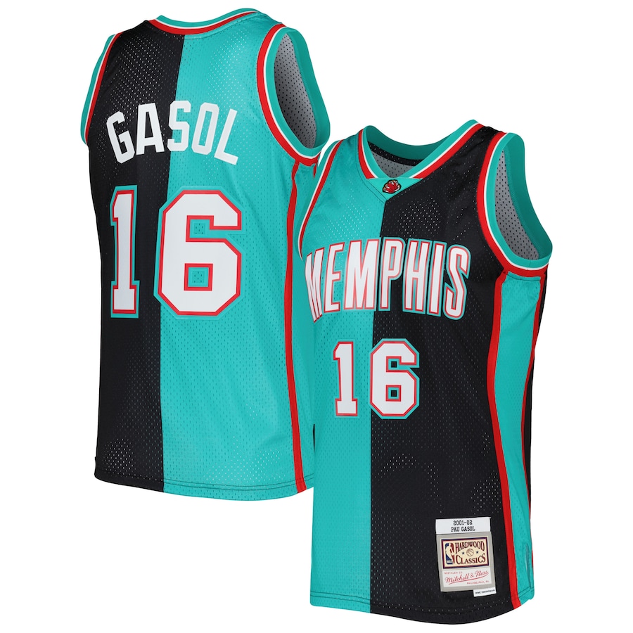 Men's Memphis Grizzlies Pau Gasol Mitchell & Ness Black/Turquoise Hardwood Classics 2001/02 Split Swingman Jersey - Puhuasuan