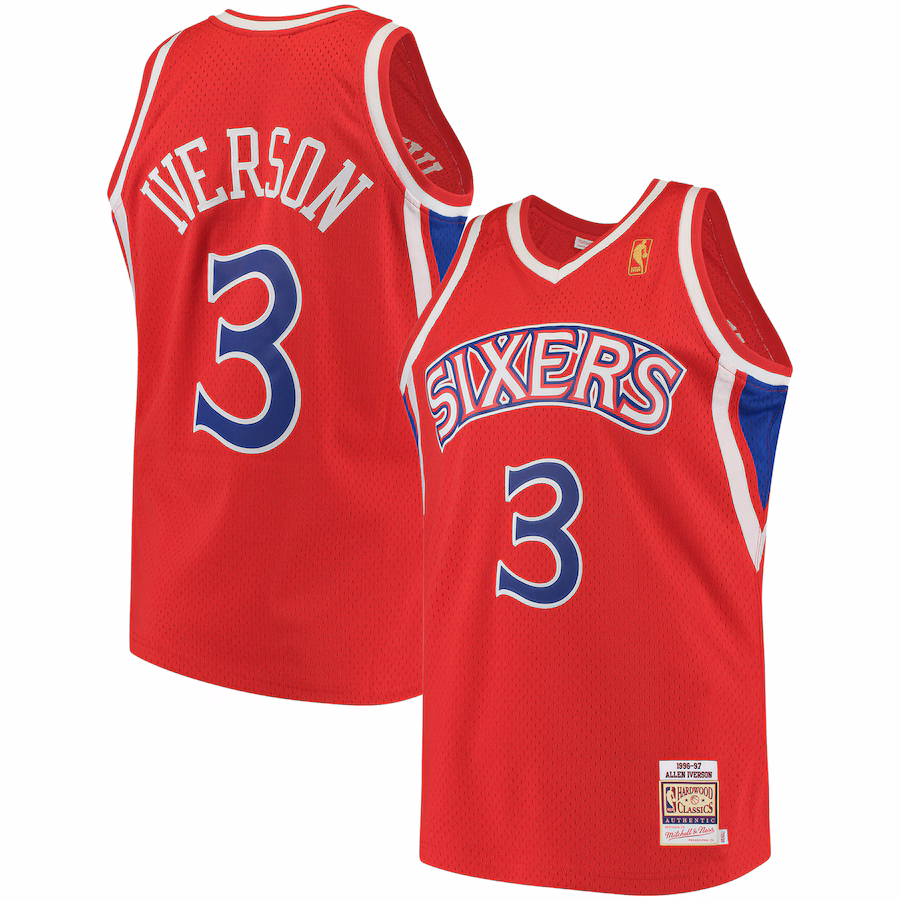 Men's Philadelphia 76ers Allen Iverson Mitchell & Ness Red 1996/97 Hardwood Classics Authentic Jersey - Puhuasuan