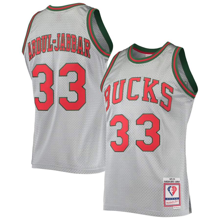 Men's Milwaukee Bucks Kareem Abdul-Jabbar Silver Mitchell & Ness 75th Anniversary 1971/72 Hardwood Classics Swingman Jersey - Puhuasuan