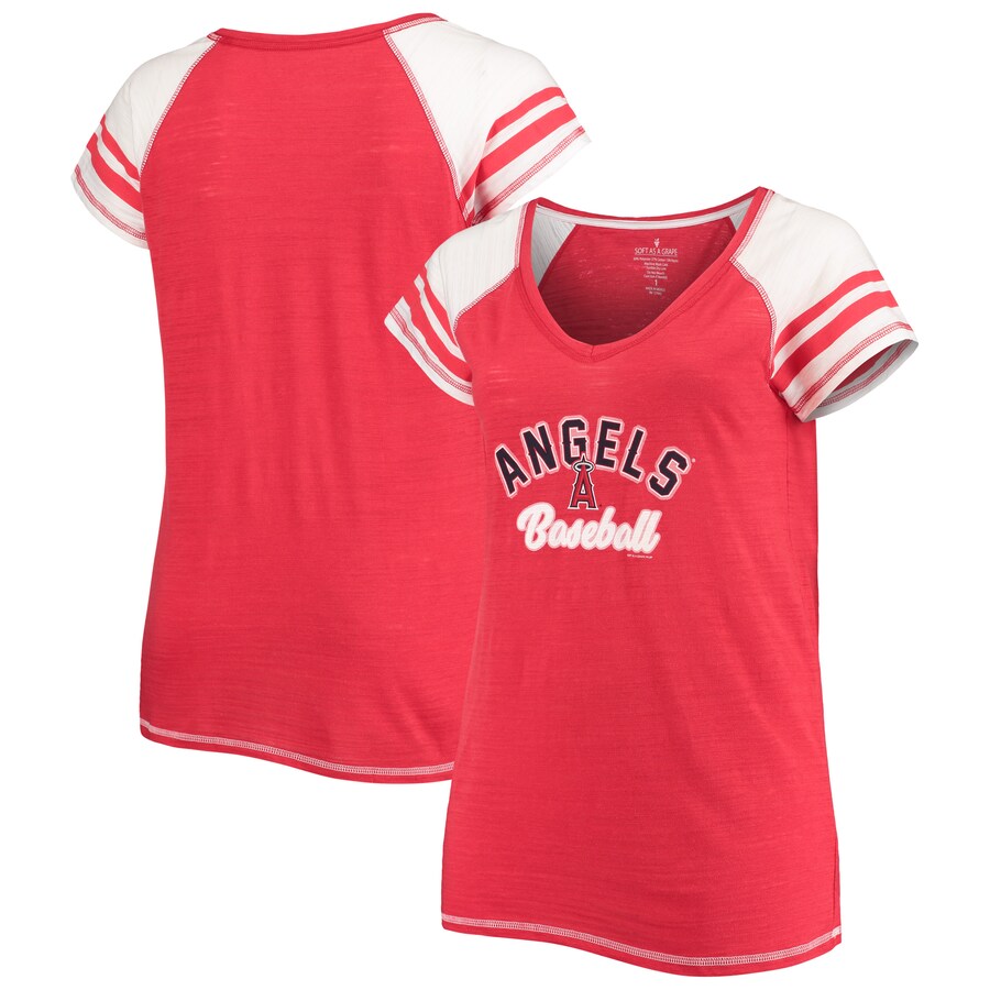 Women's Los Angeles Angels Soft as a Grape Red Curvy Color Block Tri-Blend Raglan V-Neck T-Shirt - Puhuasuan