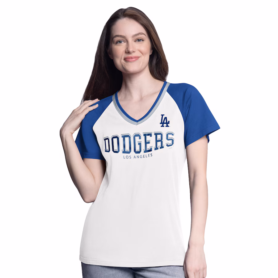 Women's Los Angeles Dodgers G-III 4Her by Carl Banks White/Royal Ball Park Raglan V-Neck T-Shirt - Puhuasuan