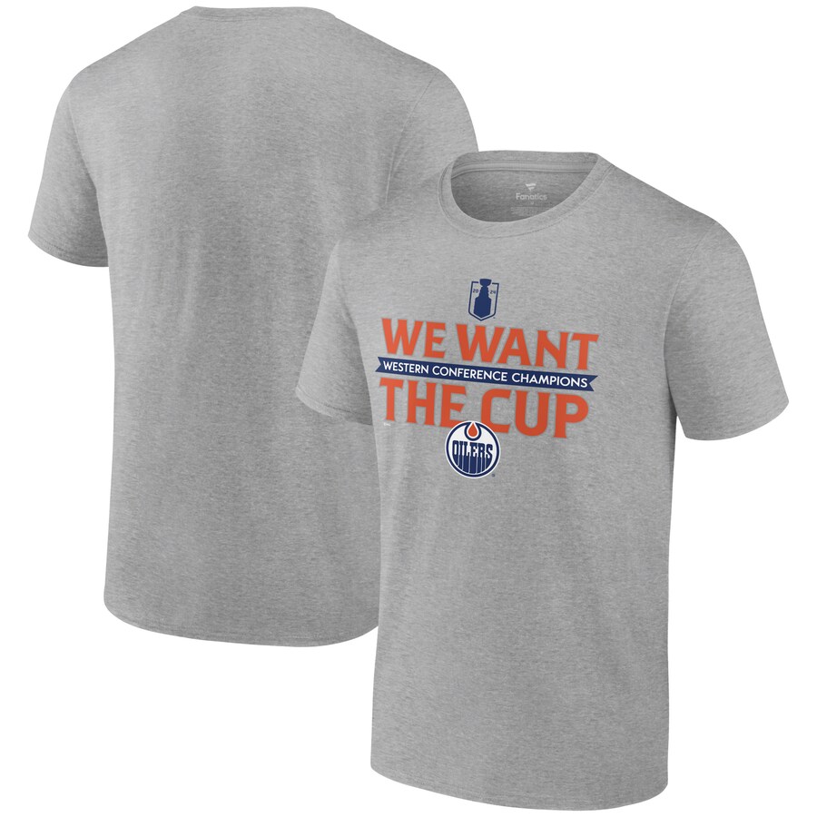 Men's Edmonton Oilers Fanatics Steel 2024 Western Conference Champions We Want The Cup T-Shirt - Puhuasuan