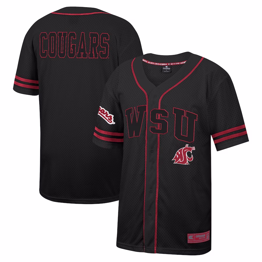 Washington State Cougars Colosseum Free Spirited Mesh Button-Up Baseball Jersey - Black - Puhuasuan