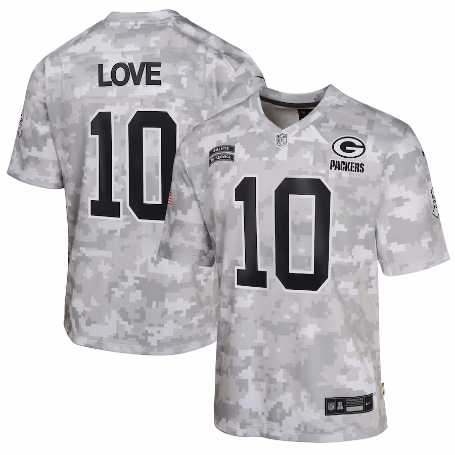 Youth Green Bay Packers Jordan Love Nike Arctic Camo 2024 Salute to Service Game Jersey - Puhuasuan