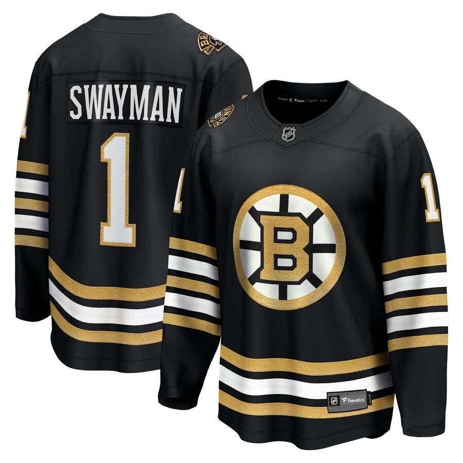 Men's Boston Bruins Jeremy Swayman Fanatics Branded Black 100th Anniversary Premier Breakaway Player Jersey - Puhuasuan