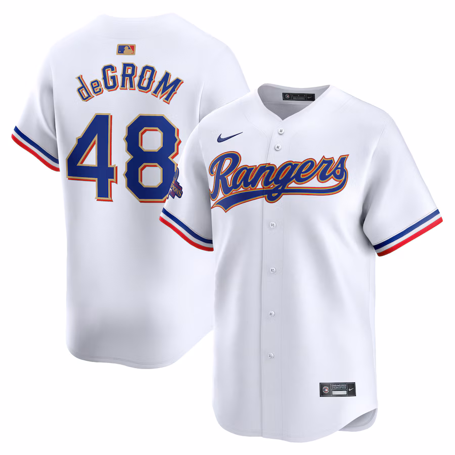 Men's Texas Rangers Jacob deGrom Nike White 2024 Gold Collection Limited Player Jersey - Puhuasuan