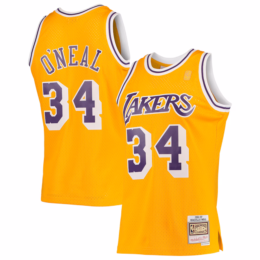 Men's Los Angeles Lakers Shaquille O'Neal Mitchell & Ness Gold 1996/97 Hardwood Classics Swingman Jersey - Puhuasuan