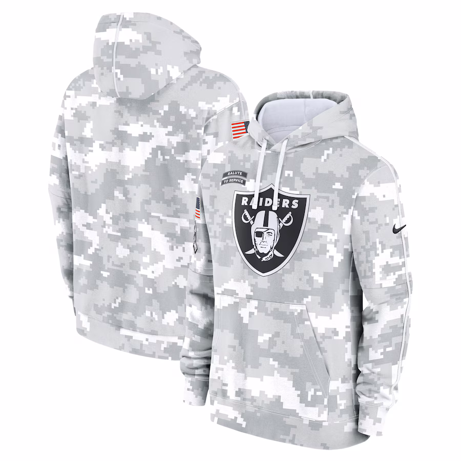 Men's Las Vegas Raiders Nike Arctic Camo 2024 Salute to Service Club Fleece Pullover Hoodie - Puhuasuan