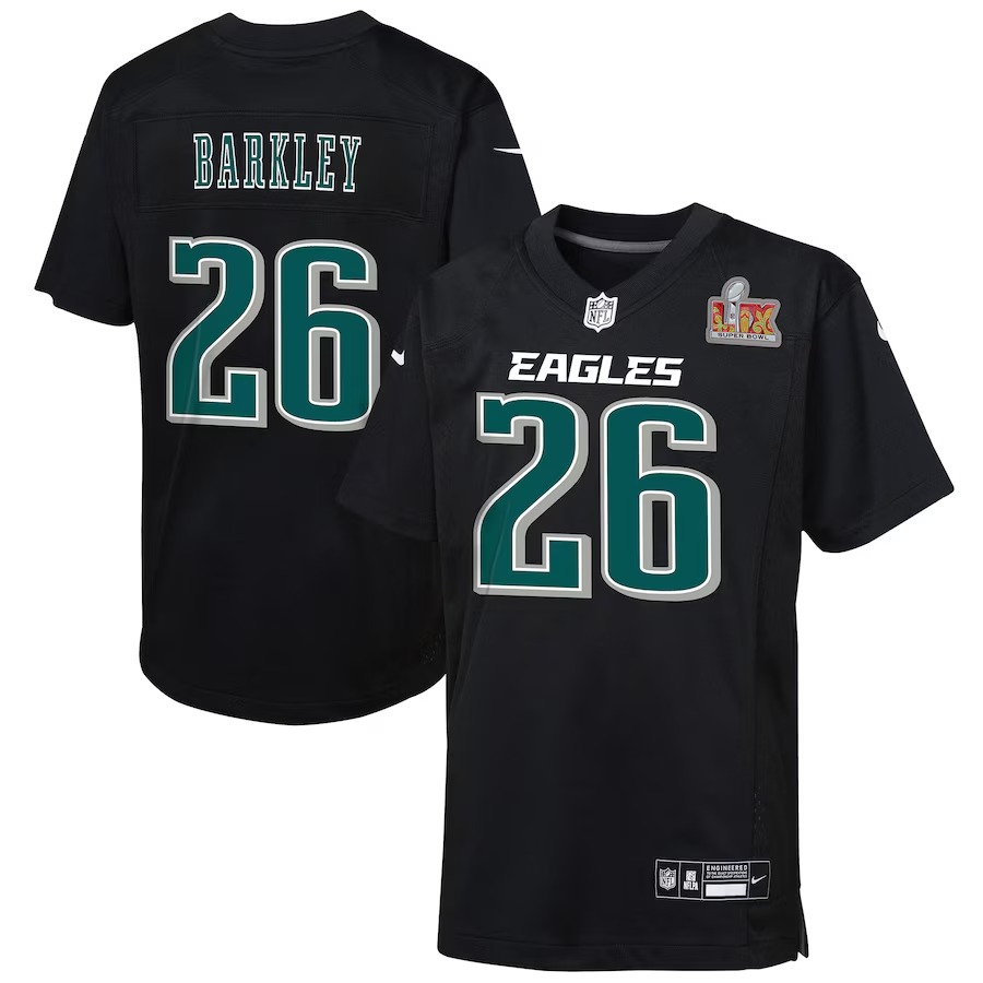 Youth Philadelphia Eagles Saquon Barkley Nike Carbon Black Super Bowl LIX Patch Fashion Game Player Jersey - Puhuasuan