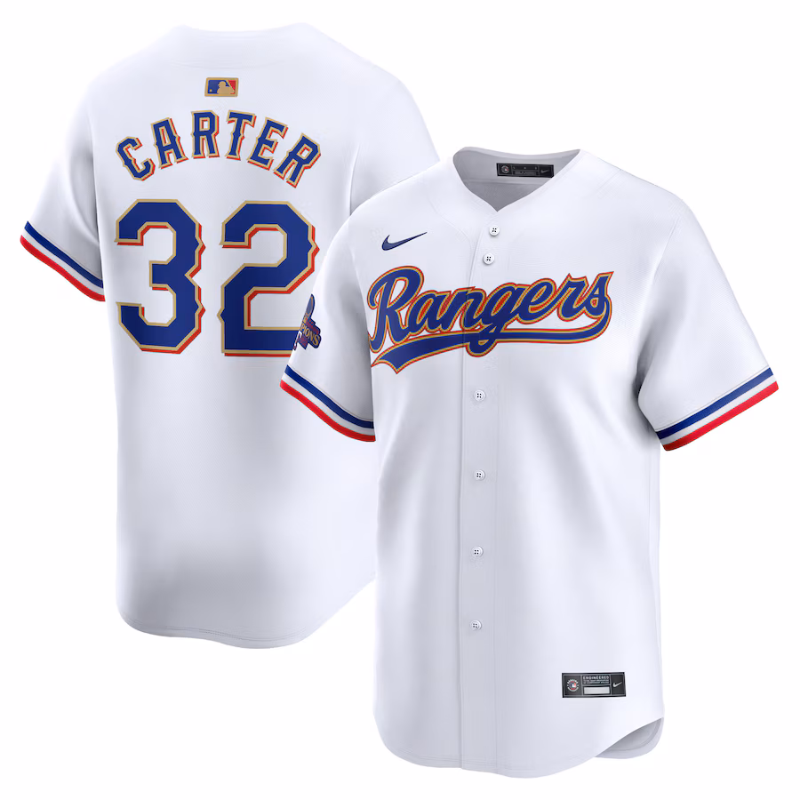 Men's Texas Rangers Evan Carter Nike White 2024 Gold Collection Limited Player Jersey - Puhuasuan