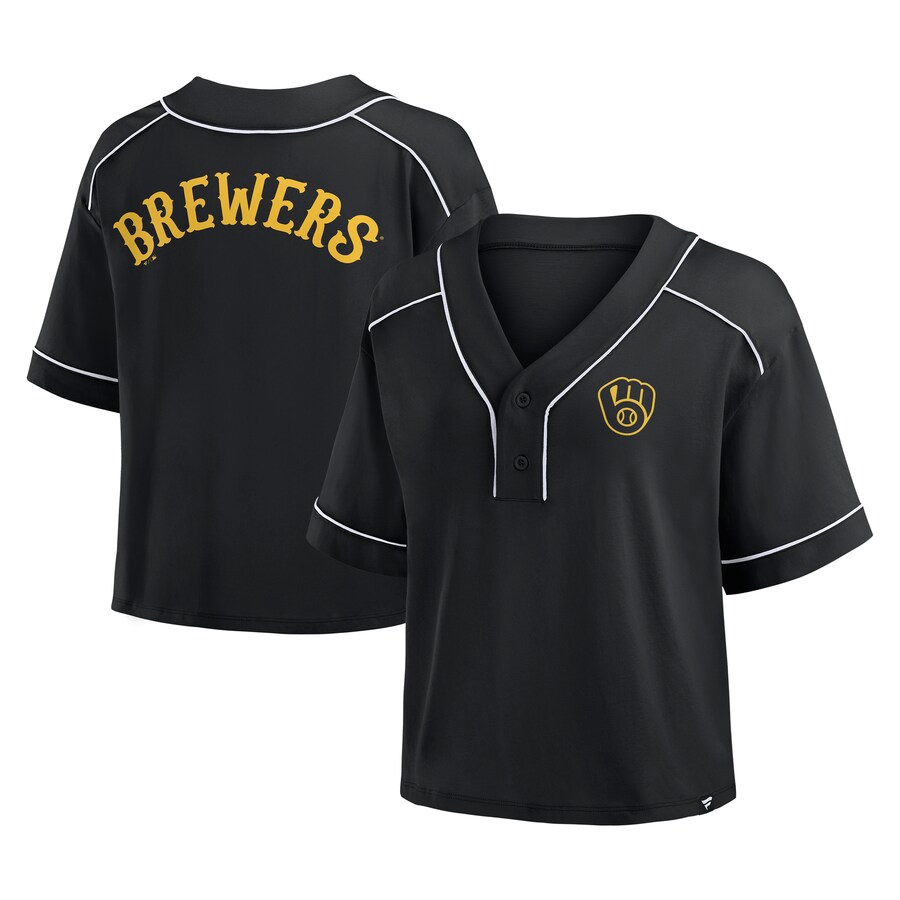 Women's Milwaukee Brewers Fanatics Black Oversized Champ Game Cropped V-Neck T-Shirt - Puhuasuan