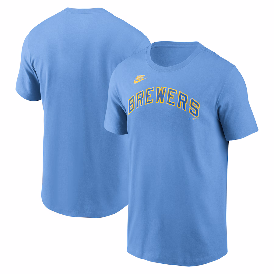 Men's Milwaukee Brewers Nike Powder Blue Cooperstown Wordmark T-Shirt - Puhuasuan
