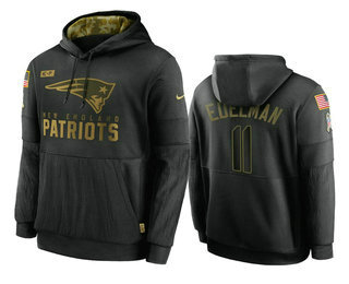 Men's New England Patriots #11 Julian Edelman Black 2020 Salute To Service Sideline Performance Pullover Hoodie - Puhuasuan