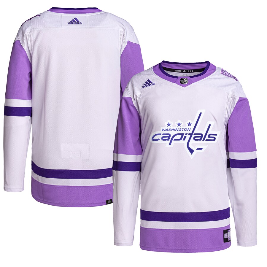 Men's Washington Capitals adidas White/Purple Hockey Fights Cancer Primegreen Authentic Blank Practice Jersey - Puhuasuan