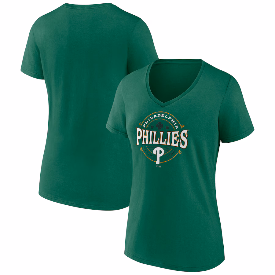 Women's Philadelphia Phillies Kelly Green St. Patrick's Day Lucky V-Neck T-Shirt - Puhuasuan
