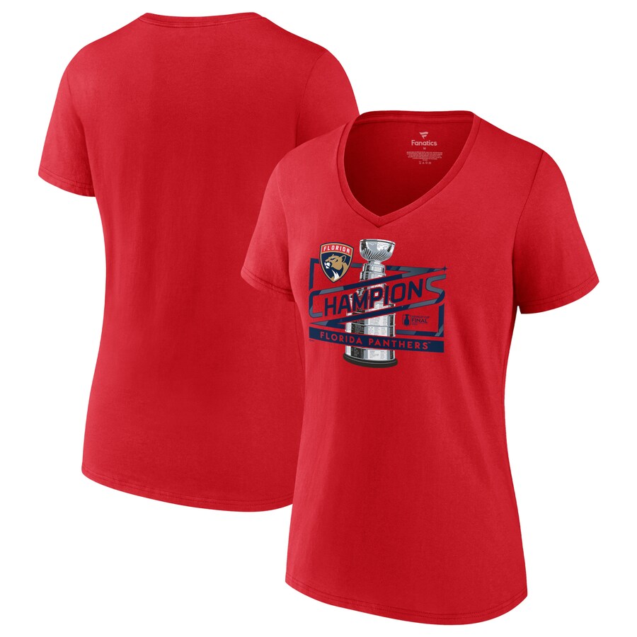 Women's Florida Panthers Fanatics Red 2024 Stanley Cup Champions Primetime V-Neck T-Shirt - Puhuasuan