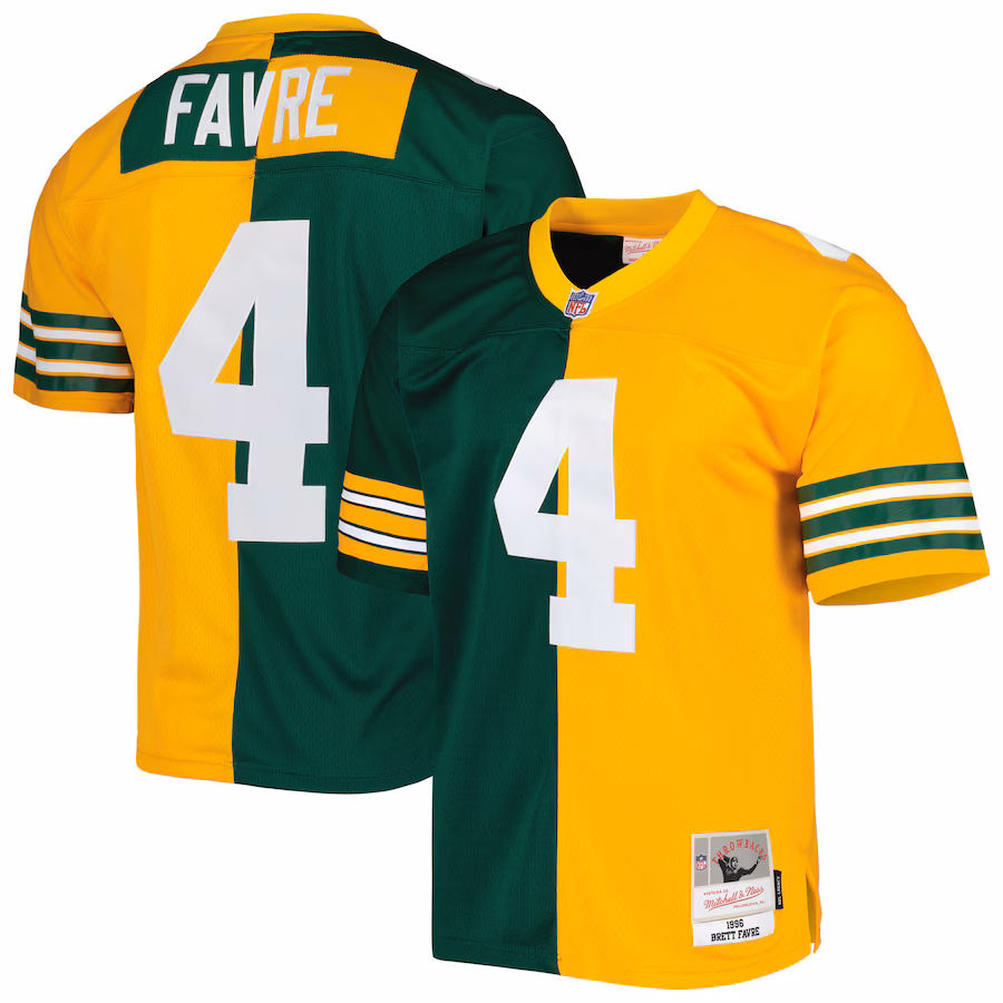 Men's Green Bay Packers Brett Favre Mitchell & Ness Green/Gold 1996 Split Legacy Replica Jersey - Puhuasuan