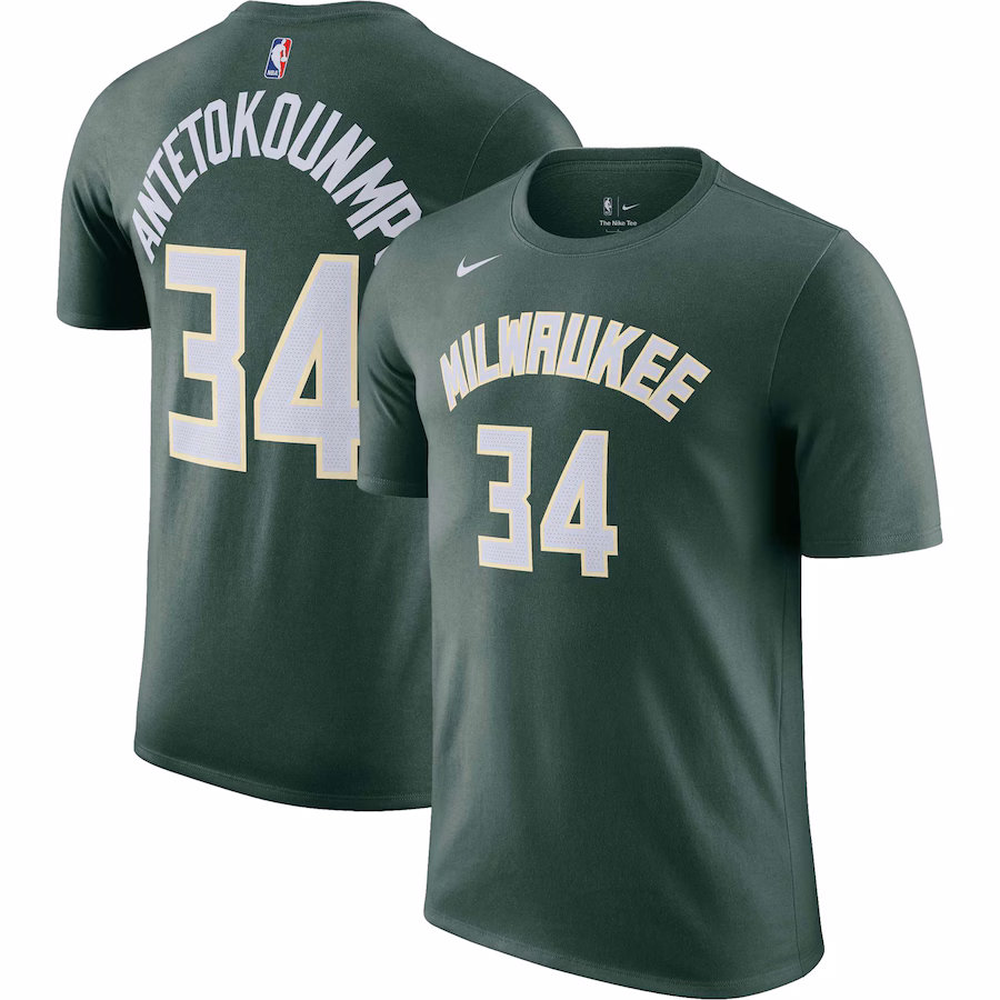 Men's Milwaukee Bucks Giannis Antetokounmpo Nike Hunter Green Icon 2022/23 Name & Number T-Shirt - Puhuasuan