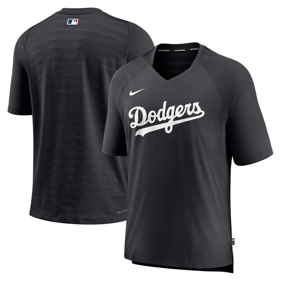 Men's Los Angeles Dodgers Nike Black Authentic Collection Pregame Raglan Performance V-Neck T-Shirt - Puhuasuan