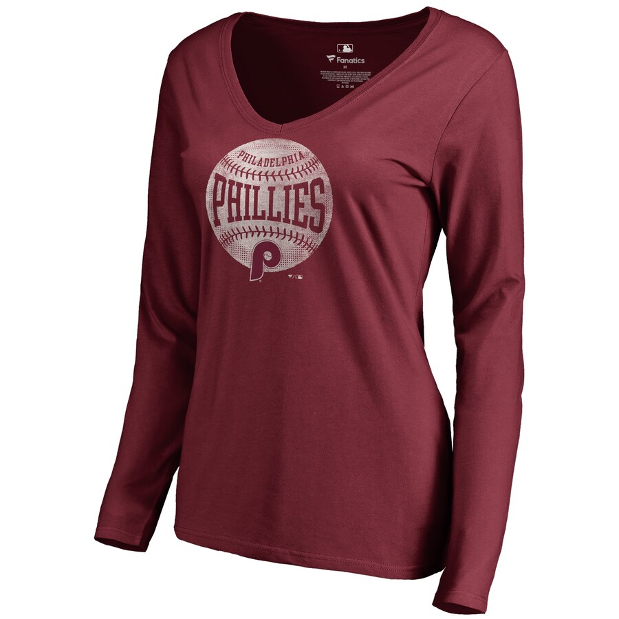 Women's Philadelphia Phillies Maroon Cooperstown Collection Slider Long Sleeve V-Neck T-Shirt - Puhuasuan