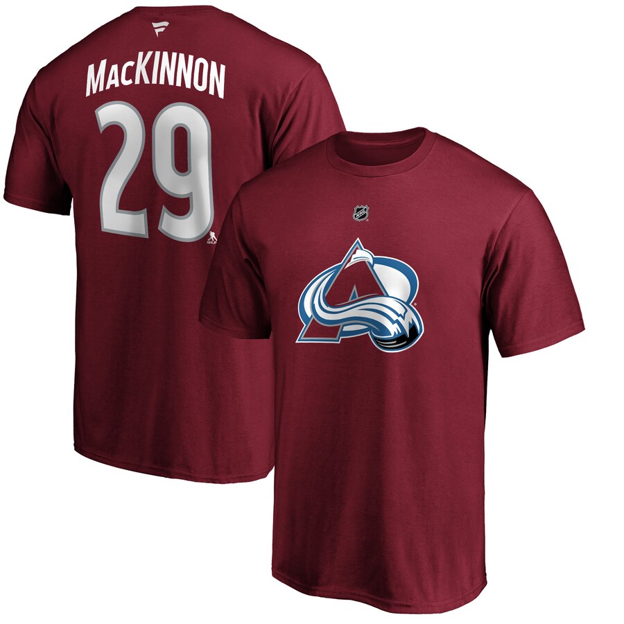 Men's Colorado Avalanche Nathan MacKinnon Fanatics Burgundy Team Authentic Stack Name & Number T-Shirt - Puhuasuan