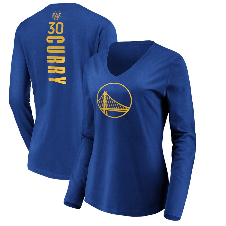 Women's Golden State Warriors Stephen Curry Royal Playmaker Name & Number Long Sleeve V-Neck T-Shirt - Puhuasuan