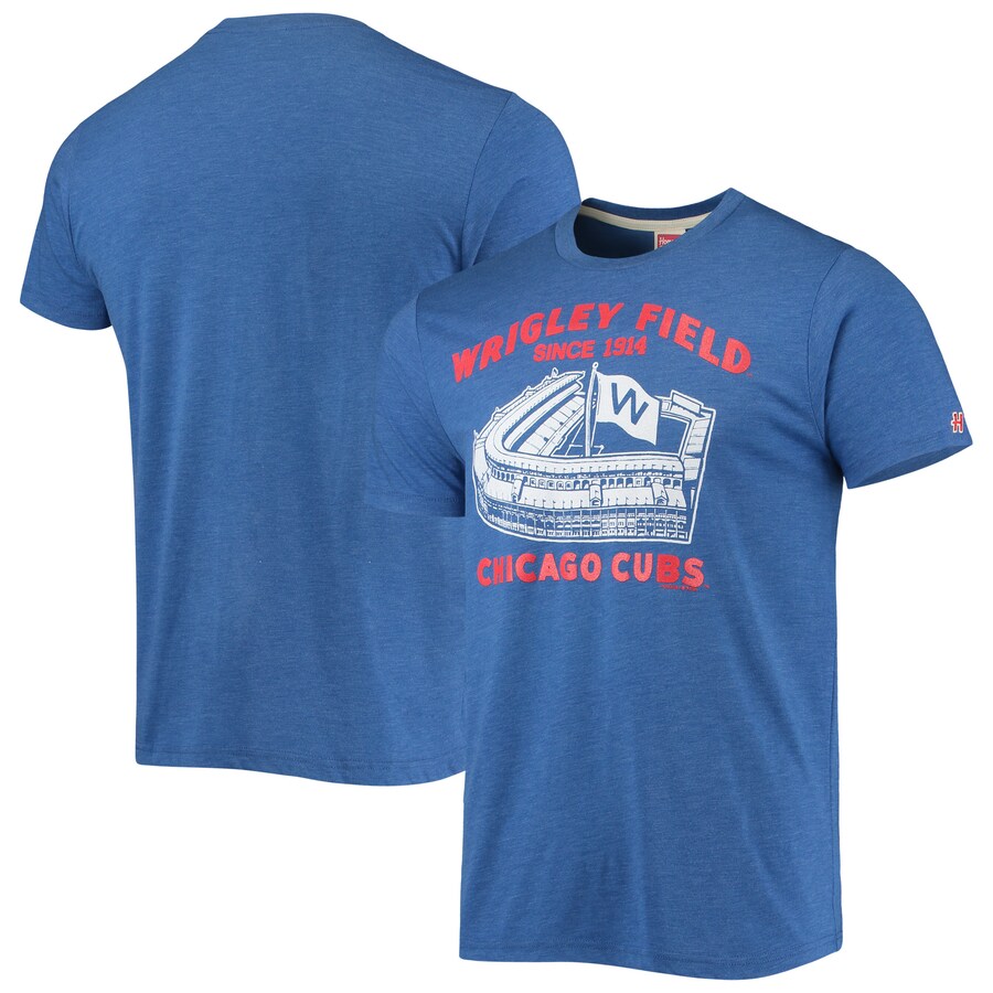 Men's Chicago Cubs Homage Heathered Royal Wrigley Field Tri-Blend T-Shirt - Puhuasuan