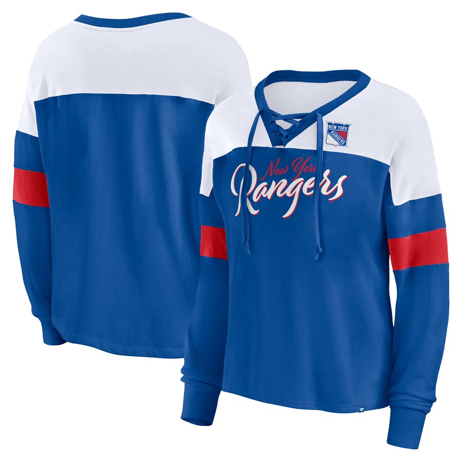 Women's New York Rangers Fanatics Blue Take the Shot Long Sleeve Lace-Up V-Neck T-Shirt - Puhuasuan