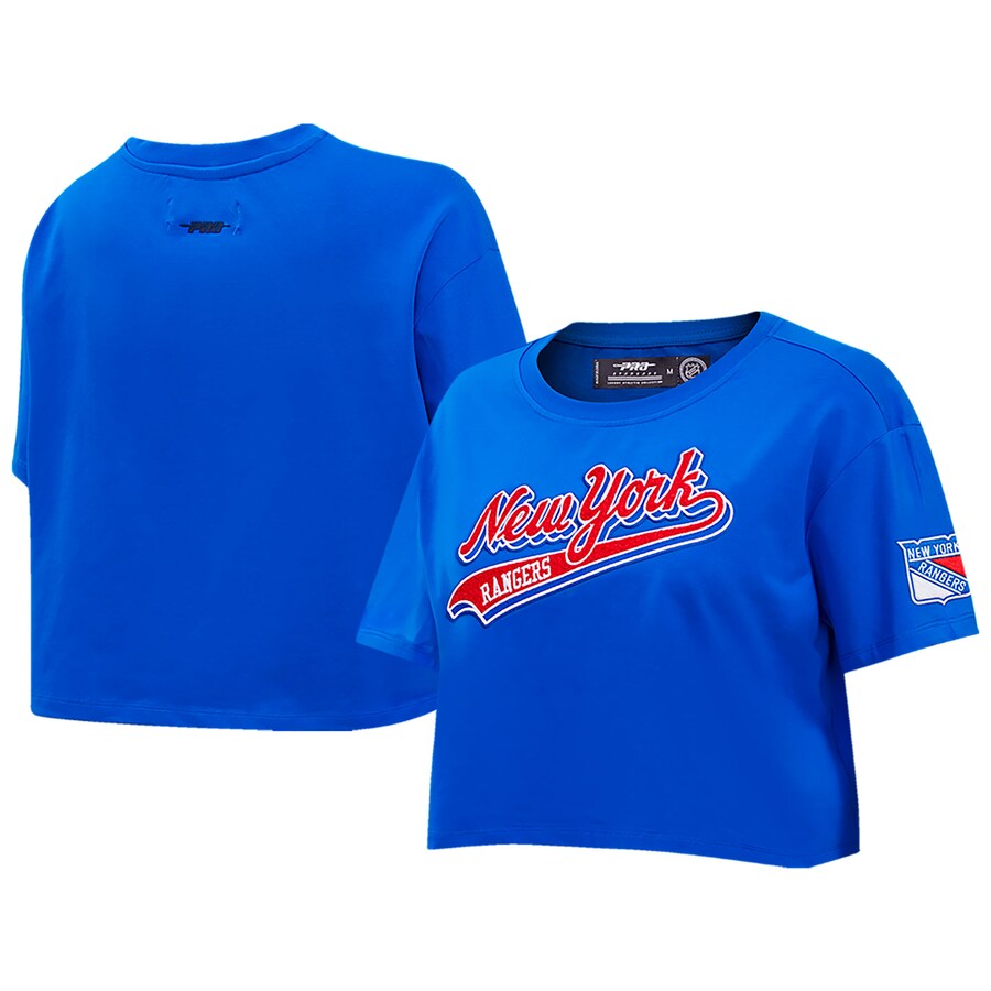 Women's New York Rangers Pro Standard Blue Boxy Script Tail Cropped T-Shirt - Puhuasuan
