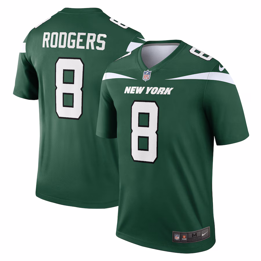 Men's New York Jets Aaron Rodgers Nike Gotham Green Team Legend Player Performance Top - Puhuasuan