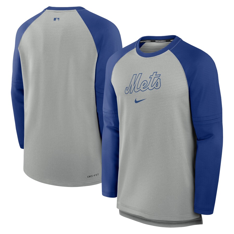 Men's New York Mets Nike Heather Gray/Royal Authentic Collection Game Time Raglan Performance Long Sleeve T-Shirt - Puhuasuan