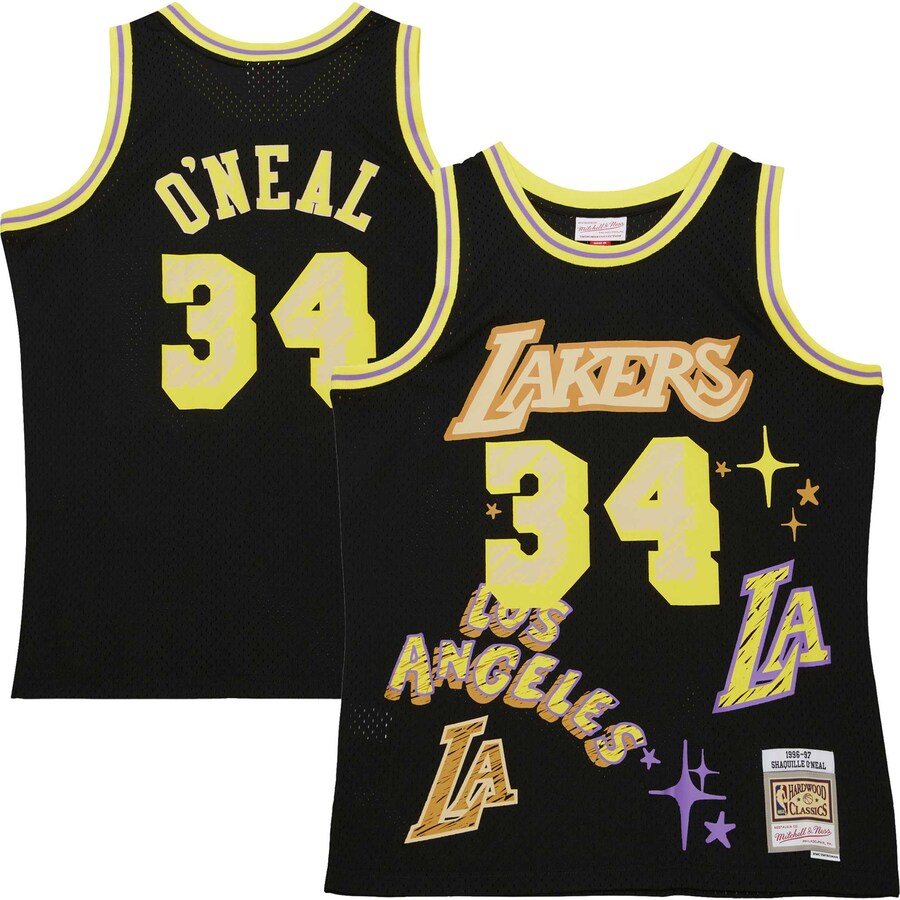 Men's Los Angeles Lakers Shaquille O'Neal Mitchell & Ness Black 1996/97 Swingman Sidewalk Sketch Jersey - Puhuasuan