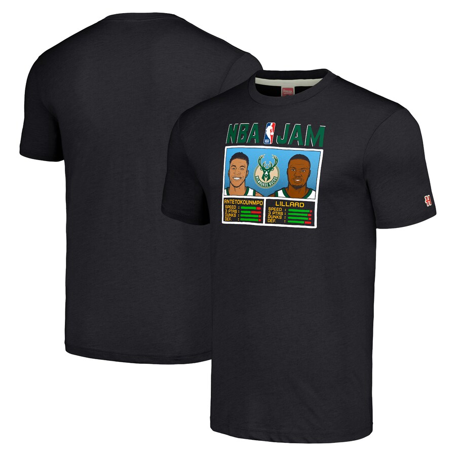 Men's Milwaukee Bucks Damian Lillard & Giannis Antetokounmpo Homage Charcoal NBA Jam Tri-Blend T-Shirt - Puhuasuan