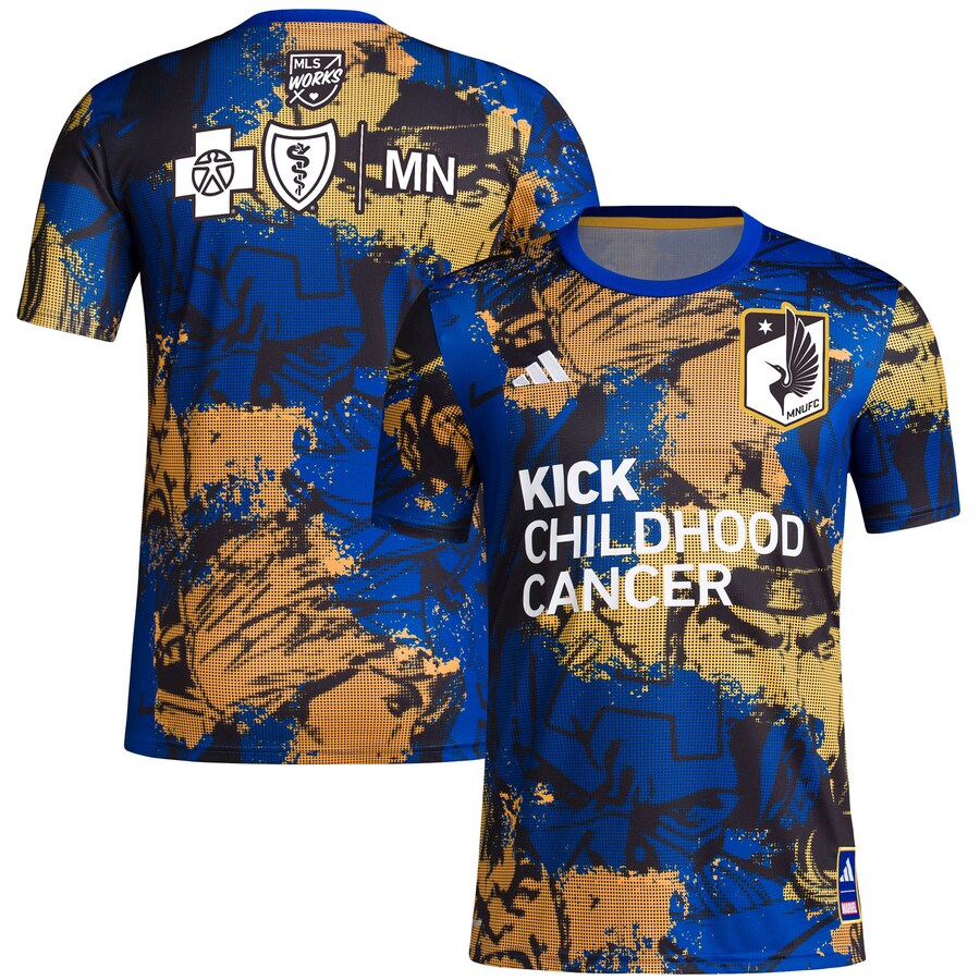 Men's Minnesota United FC adidas Royal 2023 MLS Works Kick Childhood Cancer x Marvel Pre-Match Top - Puhuasuan