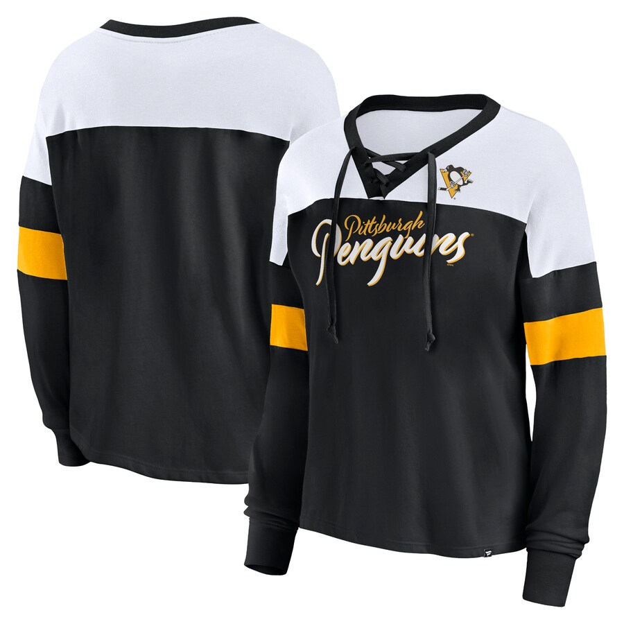 Women's Pittsburgh Penguins Fanatics Black Take the Shot Long Sleeve Lace-Up V-Neck T-Shirt - Puhuasuan